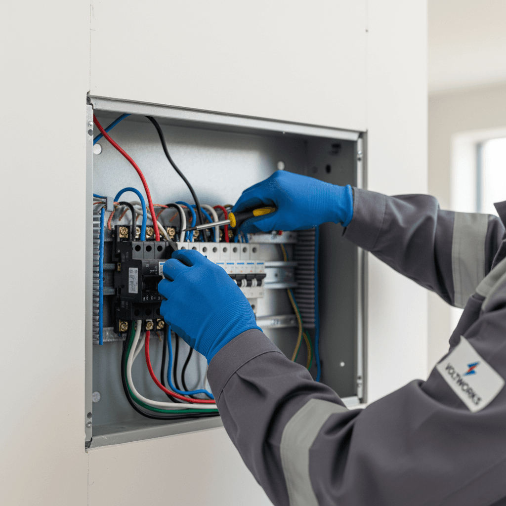 Electrician working on a fuse box