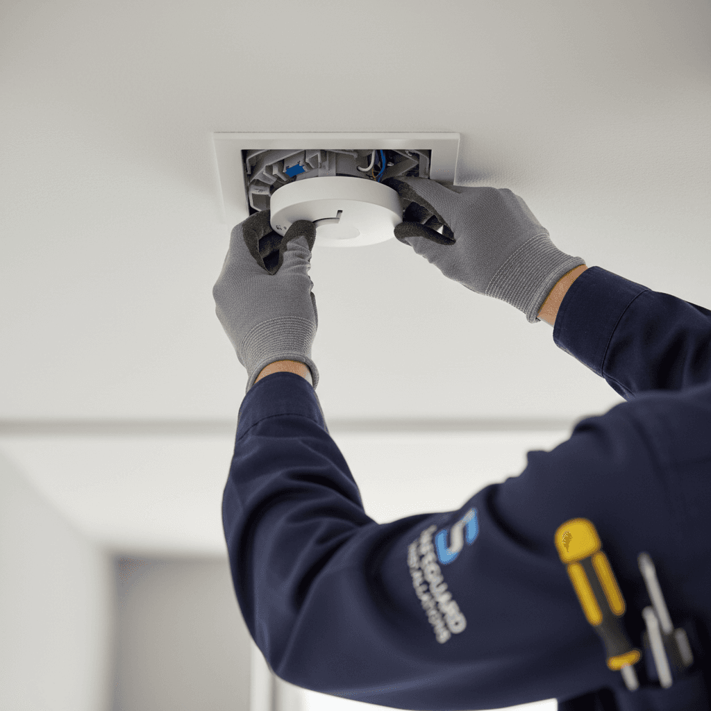 Fire alarm detector being installed on an office ceiling