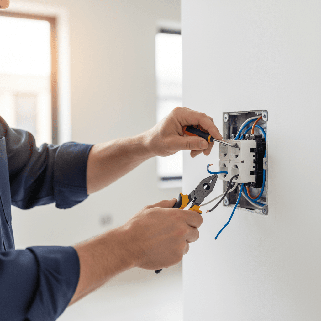 Electrician's hands installing white electrical outlet in residential wall panel with precision and professionalism