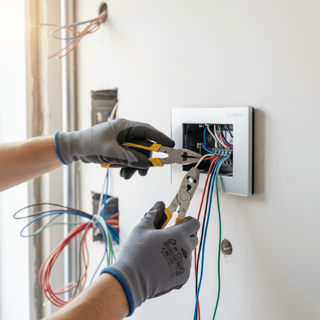 Electrician working on an electrical panel with tools