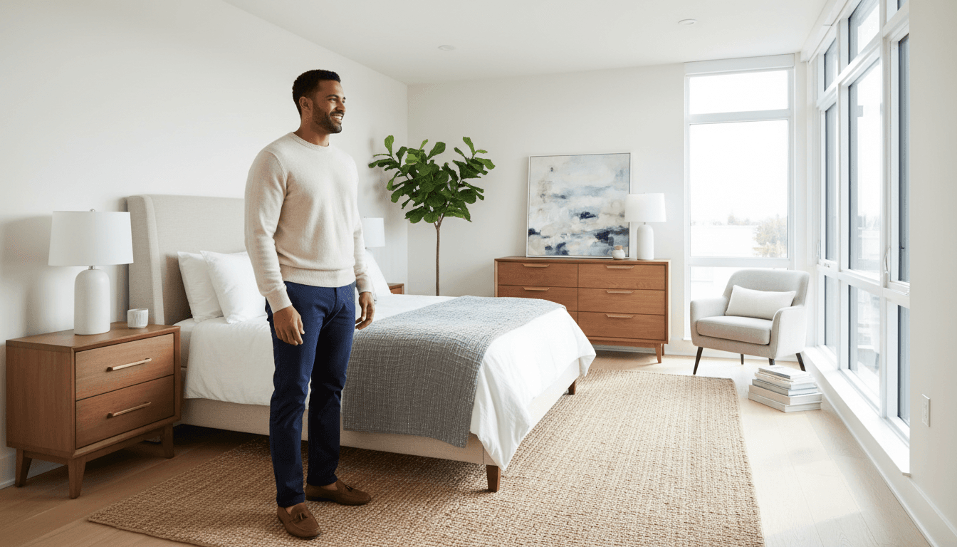 Young professional man smiling during apartment viewing, examining modern furnished bedroom with natural daylight and contemporary décor