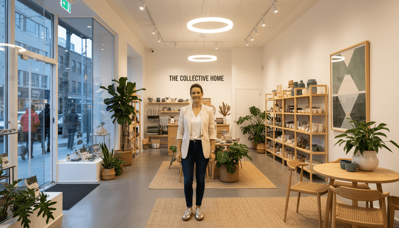 Small business owner standing confidently in modern retail storefront with warm lighting and displayed products