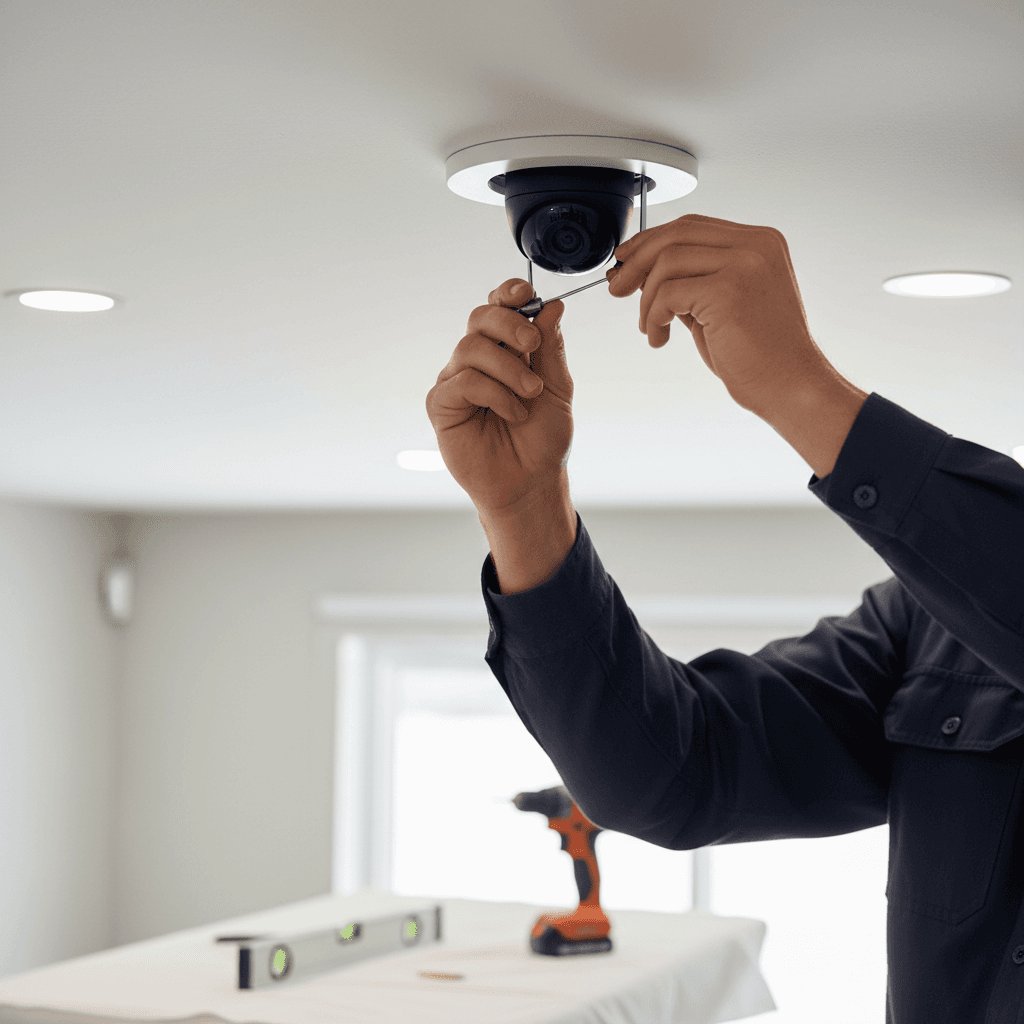 Electrician installing a CCTV camera near the ceiling in a living room