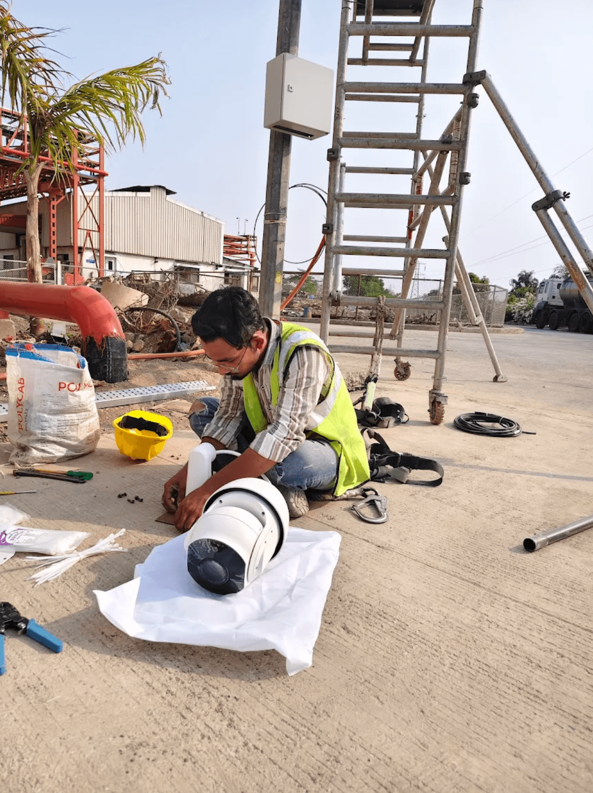 Technician in safety vest assembles a white dome security camera at an outdoor industrial site.